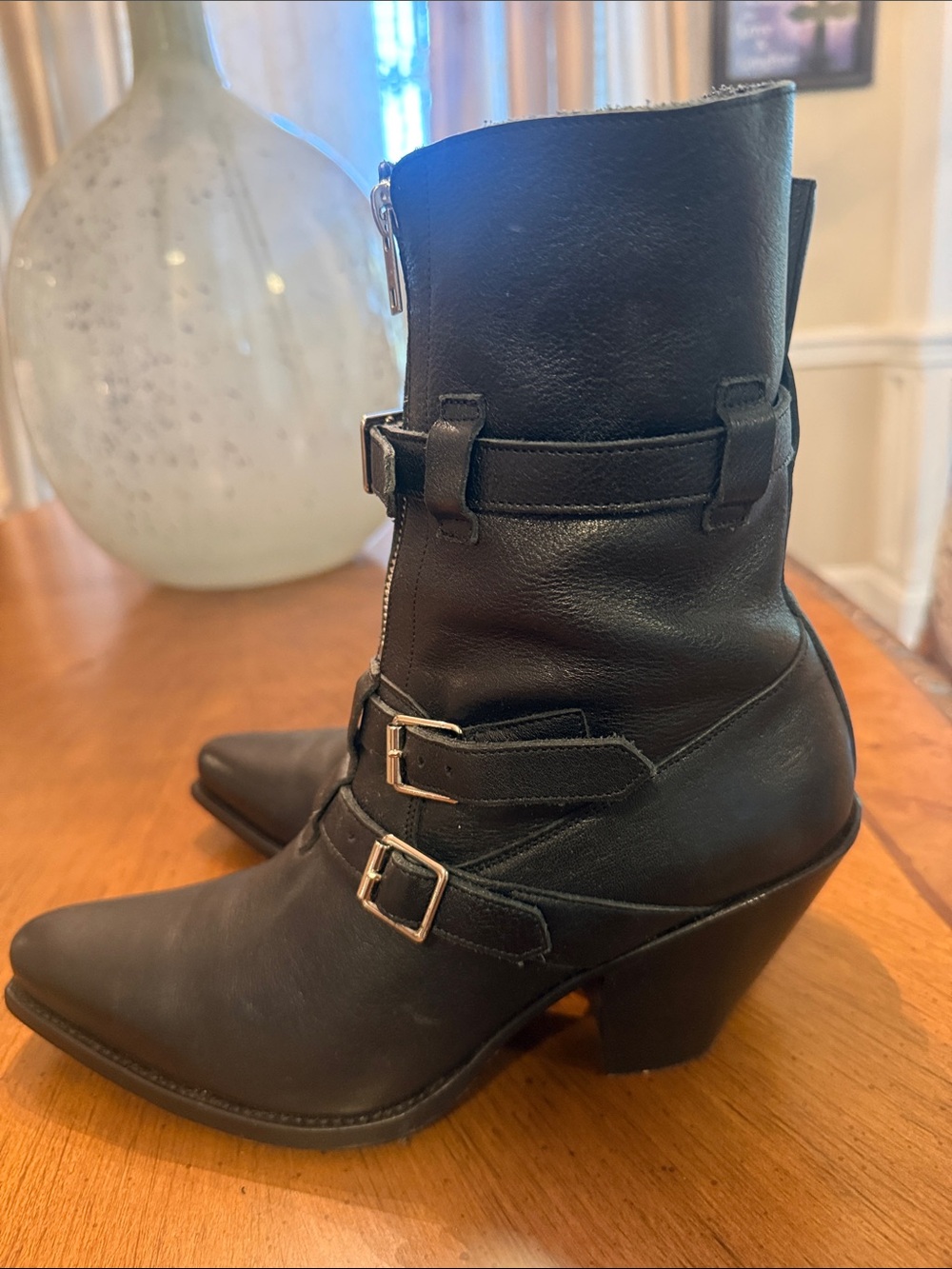 Celine Black Leather Lace-Up Buckle Ankle Boots - Picture 2 of 4